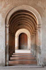 Fototapeta premium A plain door framed by a series of minimalist arches, each arch slightly larger than the one before, creating a sense of depth and perspective. The background remains solid and neutral