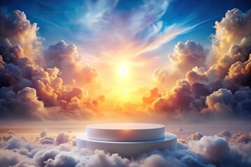 A pristine white podium sits center stage against a surreal backdrop of swirling clouds and a vibrant sunset, creating a dreamy atmosphere for product display, podium, product display