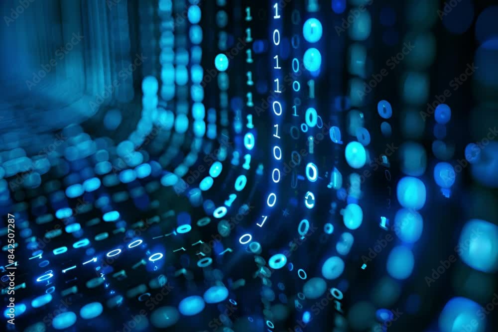 Poster Digital data stream of blue numbers and code flowing in the dark space, abstract background for technology or digital information concept with binary number on black screen, 4k 