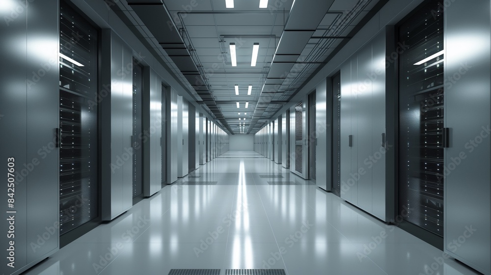 Poster vertical image of a row of servers in a data center.