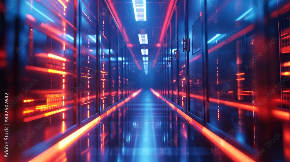 Poster vertical image of a row of servers in a data center.
