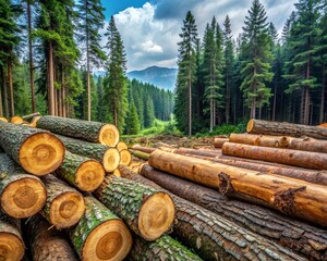 a place of deforestation, piles of chopped logs lie around