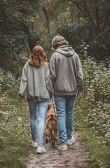 Fototapeta premium A man and a woman are walking on a small nature trail with a brown Labrador. The dog is between the couple.