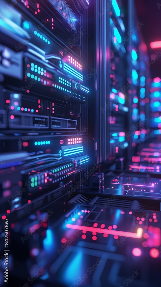 Poster vertical image of a row of servers illuminated by neon lights.