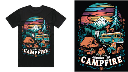 Around the campfire Camping T shirt design vector .