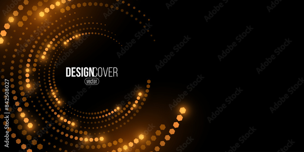 Poster abstract swirling circles of glowing hexagons. big data visualization into cyberspace. pattern of ho