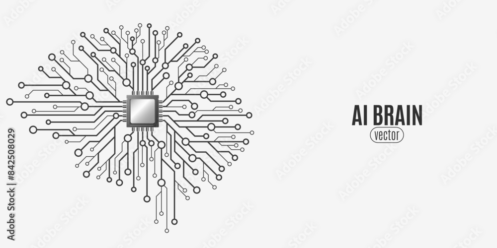 Poster futuristic ai brain with cpu board on white background. big data analysis with artificial intelligen
