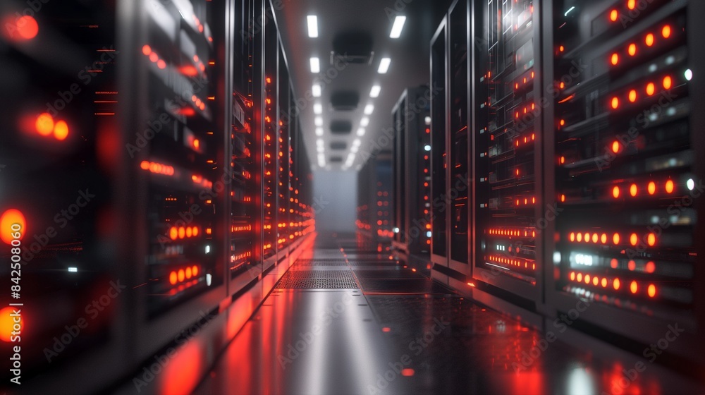 Poster vertical image of a row of servers in a data center.