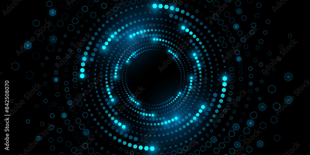 Poster abstract swirling digital circles of glowing hexagons. big data visualization into cyberspace. patte