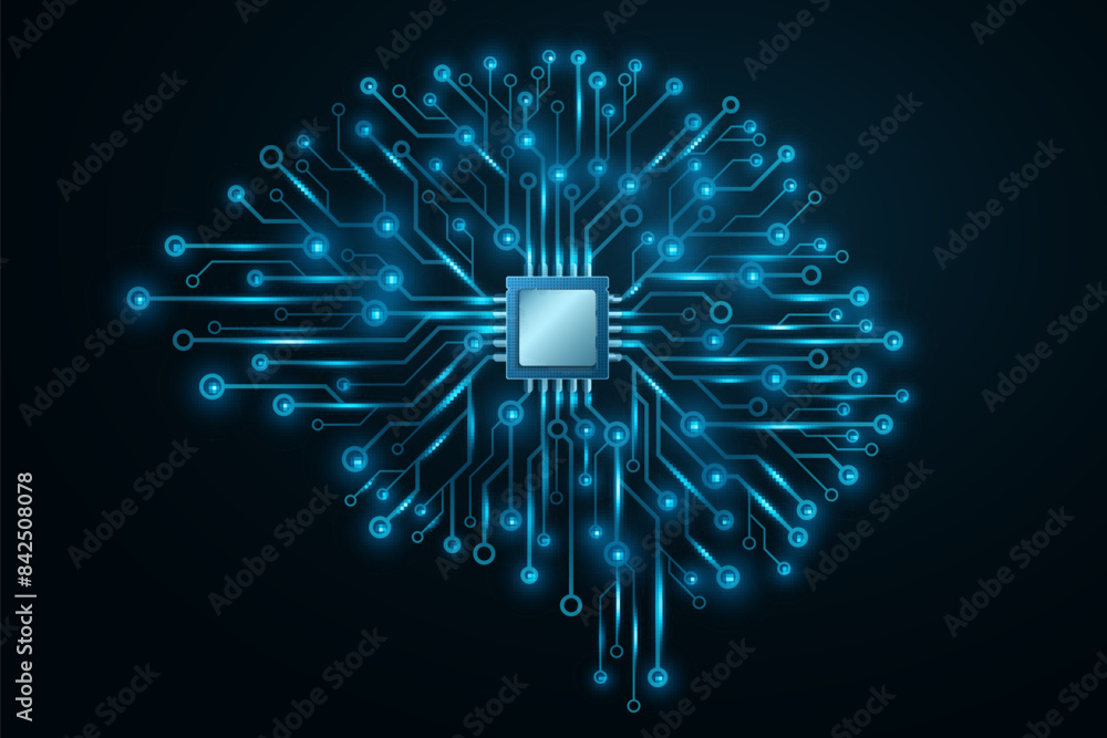 Poster futuristic ai brain with glowing cpu board. big data analysis with artificial intelligence. neural n