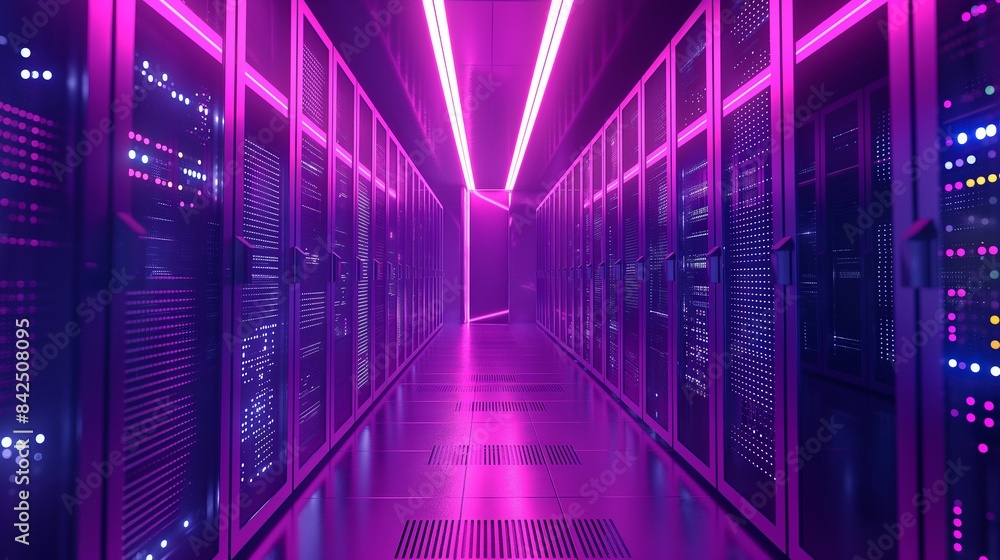 Poster vertical image of a row of servers in a data center.