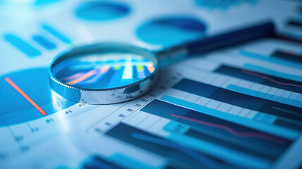 A magnifying glass over financial charts and graphs