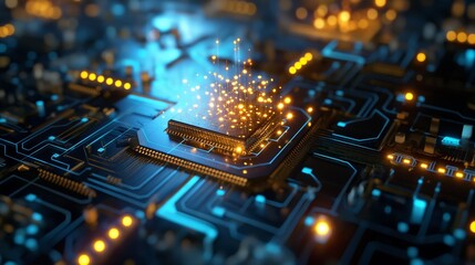 A computer motherboard with a glowing graphic processing unit (GPU) installed in its socket.