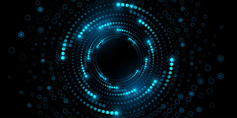 Abstract swirling digital circles of glowing hexagons. Big Data visualization into cyberspace. Pattern of honeycombs with light effect. Modern technology background. Vector illustration.