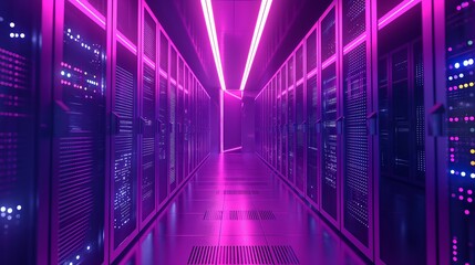 Vertical Image Of A Row Of Servers In A Data Center. 