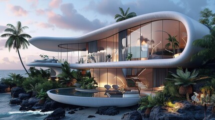 Fototapeta premium Luxurious modern beachfront villa with organic architectural design amidst tropical palms