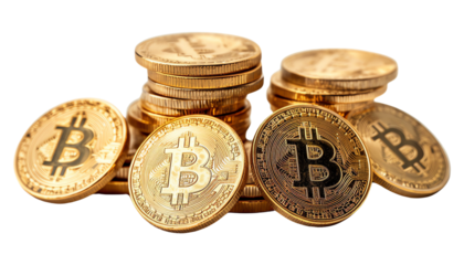 Stacks of gold bitcoins digital cryptocurrency wealth and financial investment. isolated on transparent background