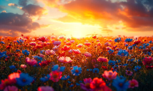 Vibrant field of colorful cosmos flowers blooming under dramatic sunset sky, nature's beauty captured in oil painting style, inspirational floral landscape