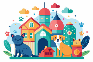 Naklejka premium Colorful Pet-Friendly Neighborhood Illustration. Bright, whimsical illustration of a pet-friendly neighborhood with a dog, cat, and houses, ideal for community and animal-themed content