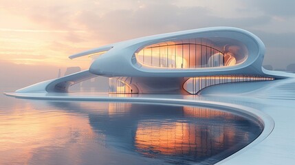 Futuristic waterfront architecture with reflective glass panels at dawn