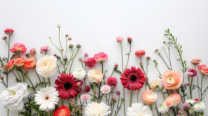 Obraz premium Beautiful composition of spring flowers and leaves on white background with copy space