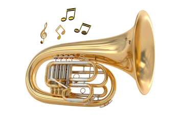 Obraz premium Gold Trumpet With Notes On It, Musical Instrument, Clipart, Illustration, Isolated On Transparent Background.