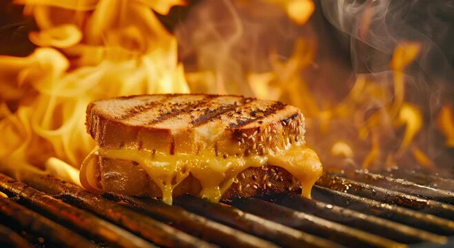 A golden brown, grilled cheese sandwich sitting on top of an open grill with flames in the background. The bread is perfectly charred and slightly melted at its edges due to the cooking, while it is f