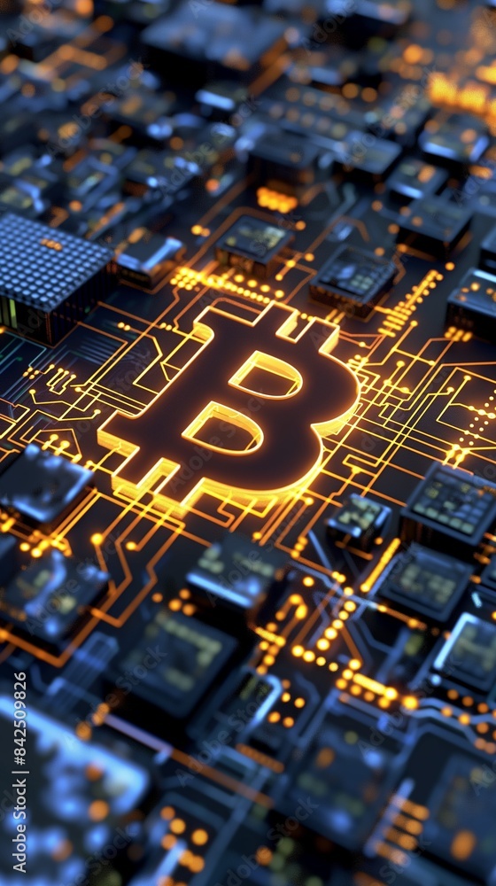 Poster vertical image of a computer motherboard with a bitcoin symbol (₿) on it.