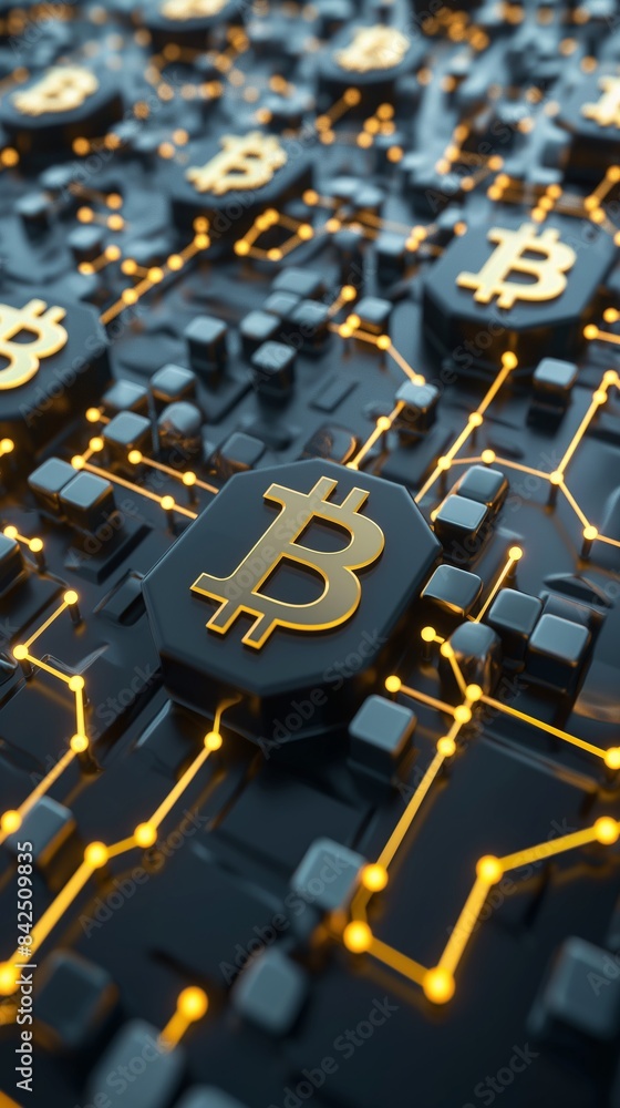 Poster vertical image of a computer motherboard with a bitcoin symbol (₿) on it.