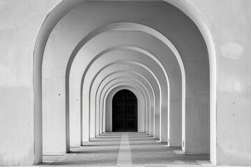 A plain door framed by a series of minimalist arches, each arch slightly larger than the one before, creating a sense of depth and perspective. The background remains solid and neutral