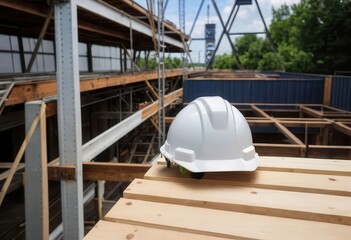 a hard hat sitting on top of a wooden table