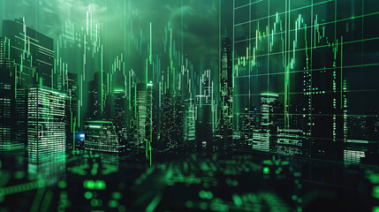 Obraz premium modern financial stock market background in the style of green trading chart and cityscape
