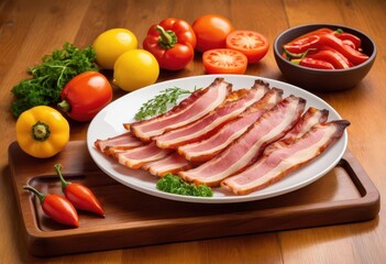 a white plate topped with sliced ham next to tomatoes and peppers