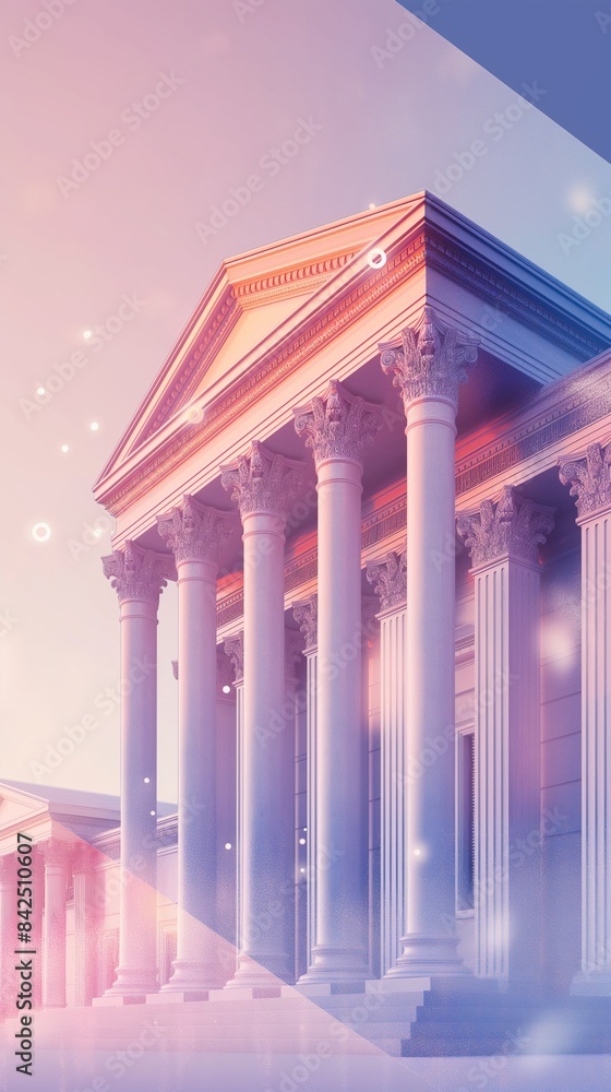 Poster vertical image of a digital bank building with a grand white columns supporting a triangular pedimen