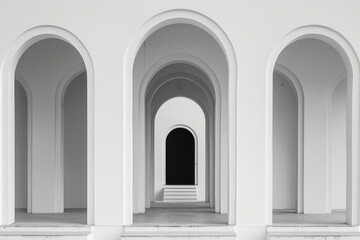 A plain door framed by a series of minimalist arches, each arch slightly larger than the one before, creating a sense of depth and perspective. The background remains solid and neutral