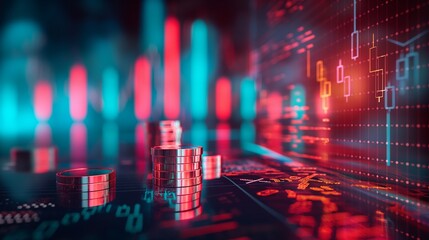 Stacks Of Coins Against A Backdrop Of A Financial Charts.