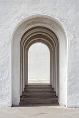 Fototapeta premium A plain door framed by a series of minimalist arches, each arch slightly larger than the one before, creating a sense of depth and perspective. The background remains solid and neutral