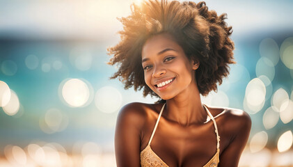 A young Black woman with curly dark hair wearing a gold bikini top, smiling at the camera on a sunny beach
