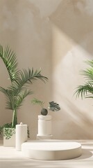 Vertical Image Of A White Podium With A Potted Plant In A Brightly Lit Room.