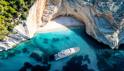 A luxury yacht floating in a turquoise blue lagoon surrounded by towering limestone cliffs and caves