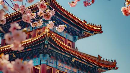 Obraz premium Traditional Asian temple with stunning flowers. Close-up shot highlighting intricate architecture against the sky. Springtime scenery showcasing delicate cherry blossoms in full bloom. AI