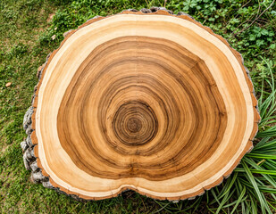 A cross-section of a tree trunk showing the concentric growth rings on a wooden surface, surrounded by green grass