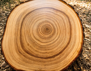 A cross-section of a tree trunk, showing the distinct concentric rings that indicate the tree's age and growth over the years. The wood has a warm, earthy tone and a natural, textured appearance
