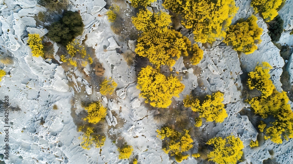 Poster top view of aerial view over alcarria landscape with contrasting patches of yellow blooming trees an