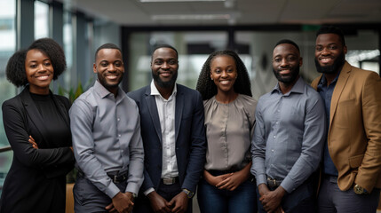 Obraz premium A very realistic photograph of a team of black collegues standing in a row and smiling