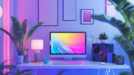 A Desktop Computer In A Modern Home Office. 