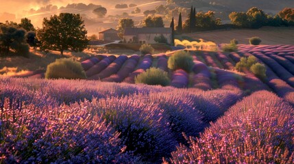 Stunning sunset over lavender fields. The golden light hits the purple flowers, creating a surreal and calming image. AI
