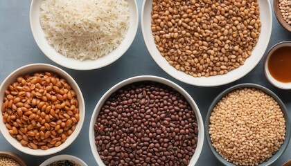 a table topped with bowls filled with different types of beans