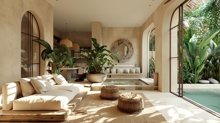 A living room with a pool and a large mirror. The room is decorated with plants and has a modern, minimalist style
