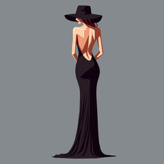 Vector flat fashion illustration of a young elegant woman in full length wearing a black stylish hat and backless dress. 
